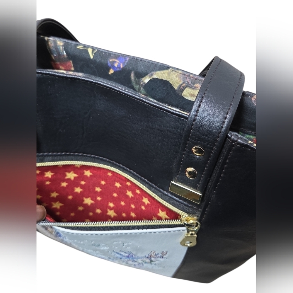 Whimsical Embroidered Christmase Tote Chickadees, Clogs & Sleigh Faux Leather - Picture 6 of 16